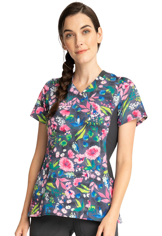 Flower Cherokee iFlex Print Mock Wrap Knit Panel Scrub Top CK642 WCPT - Scrubs Select