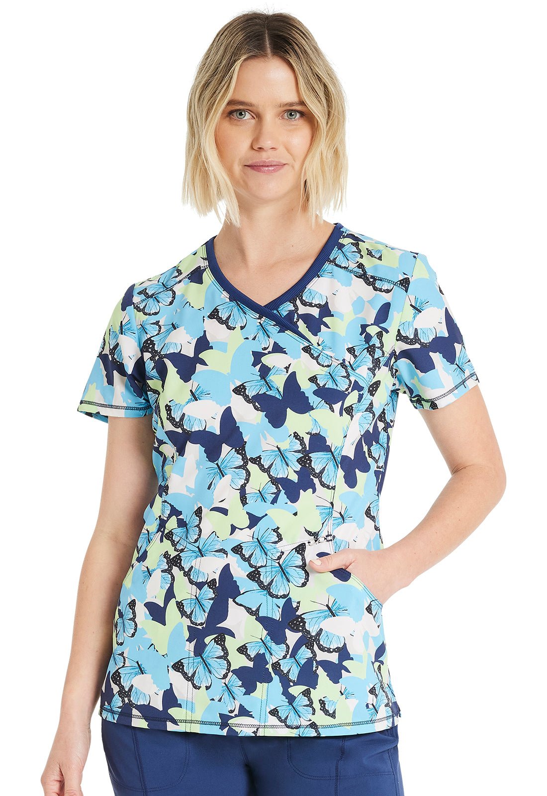 Flutter Frenzy Cherokee Infinity Butterfly Print Mock Wrap Top CK608 FTFZ - Scrubs Select