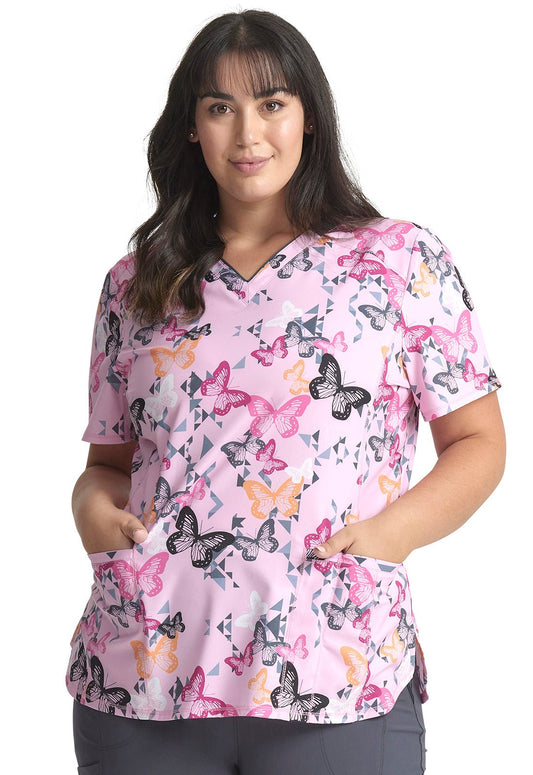 Geo Flutter Cherokee Infinity Print V Neck Scrub Top CK634 GOFT - Scrubs Select