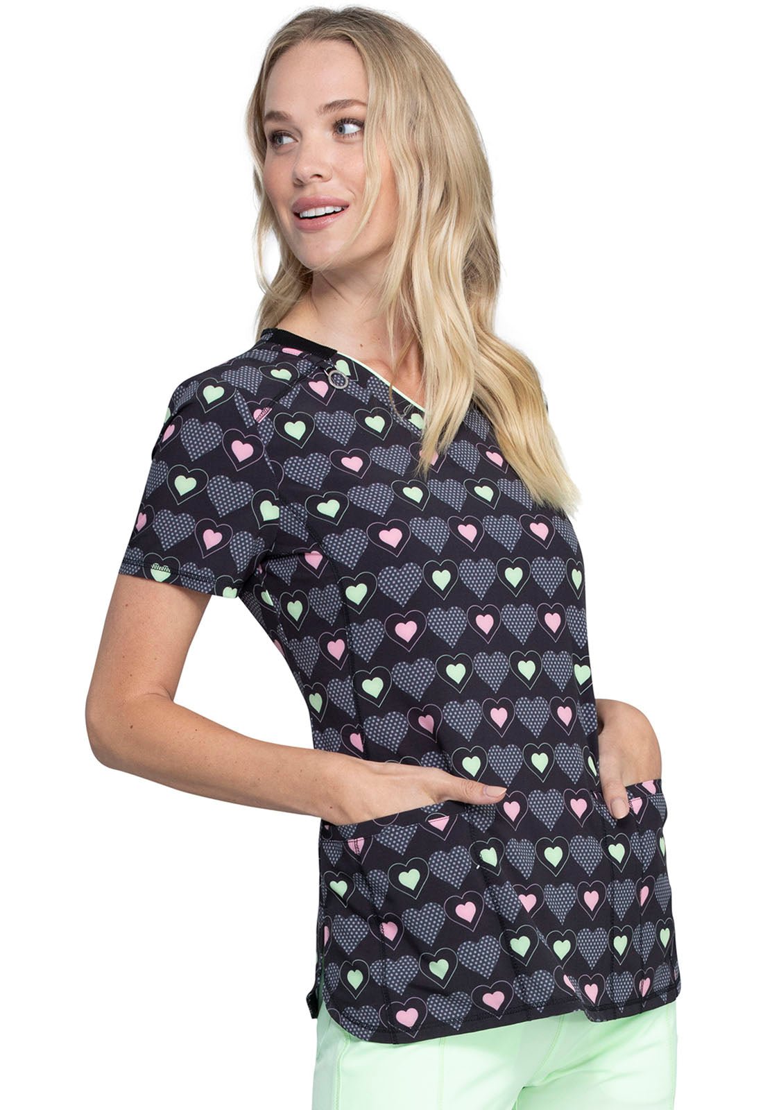 Heart Print Cherokee Infinity V Neck Scrub Top CK634 HEBA - Scrubs Select