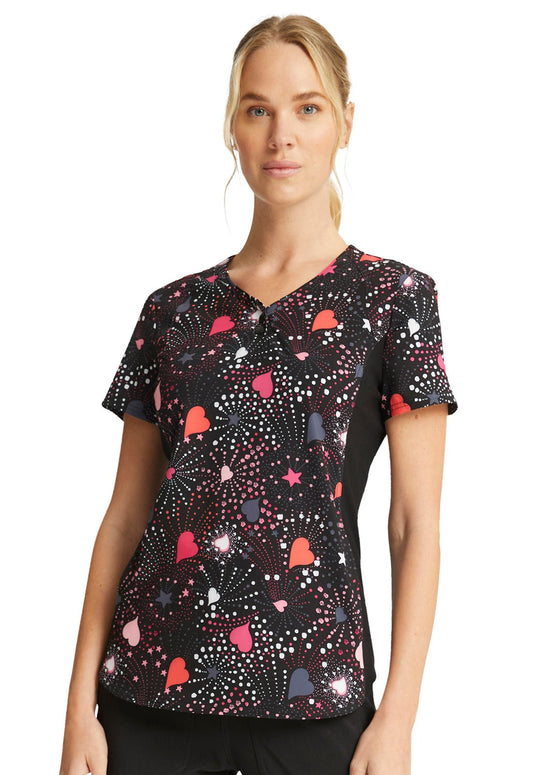 Heart Star Cherokee iflex Print V Neck Knit Panel Scrub Top CK732 BWLV - Scrubs Select