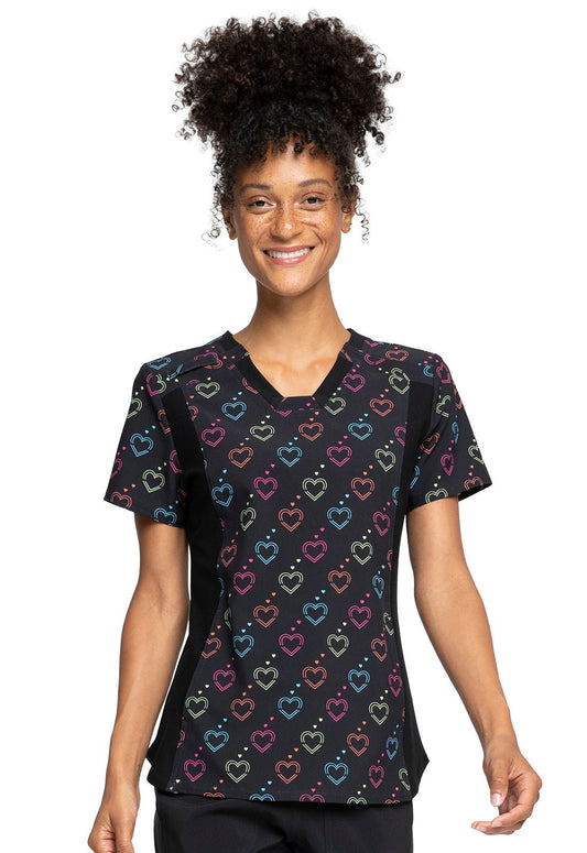 Hearts Cherokee iflex Print V Neck Knit Panel Scrub Top CK641 HOLN - Scrubs Select