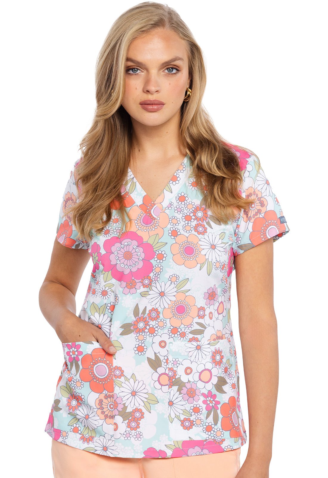 Hippie Daisy Med Couture Print V Neck Scrub Top MC8564 HPDY - Scrubs Select