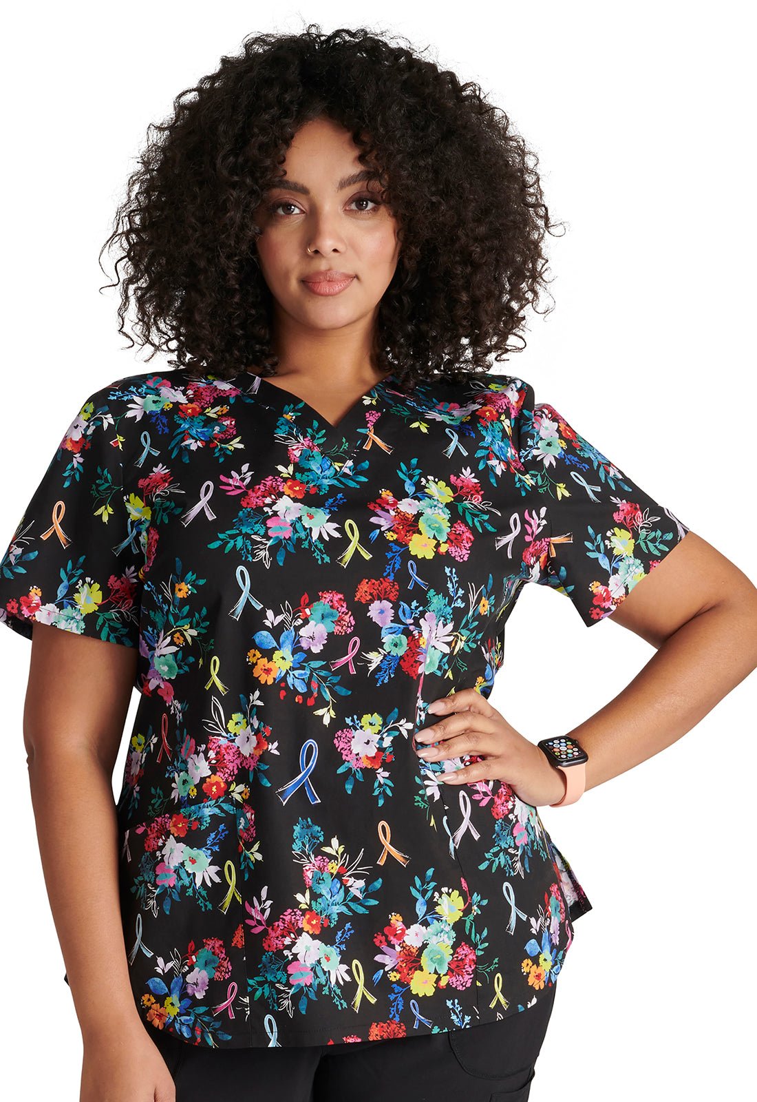 Hopeful Bouquets Cherokee All Awareness Print V Neck Scrub Top CK652 HPBQ - Scrubs Select