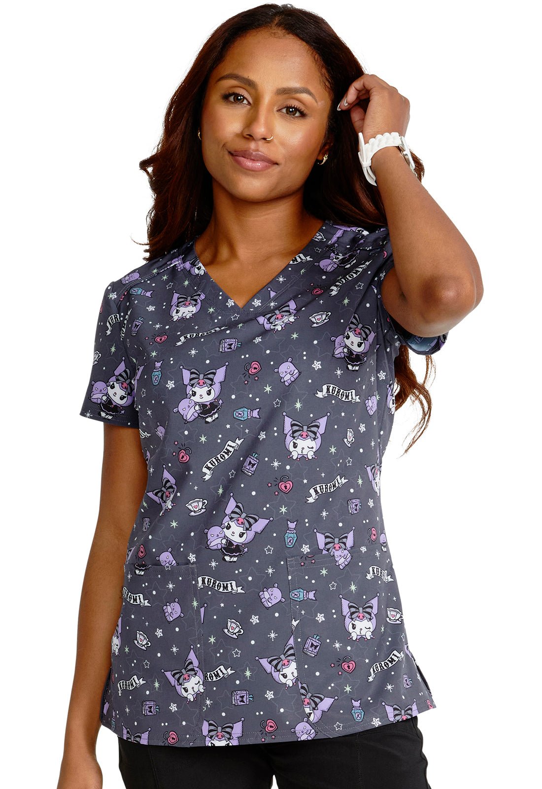 Kuromi Fortunes Cherokee Tooniforms Sanrio V Neck Scrub Top TF776 KUFT - Scrubs Select