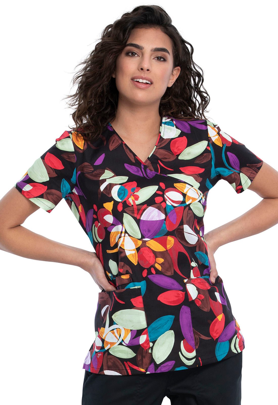 Leaves And Petals Print Mock Wrap Scrub Top CK614 LVAP - Scrubs Select