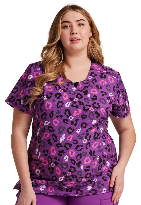 Leopard Vibes Cherokee Infinity Round Neck Scrub Top CK609 LPVB - Scrubs Select