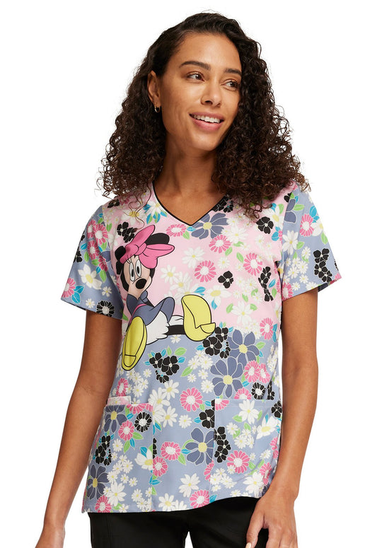 Many Minnie Flowers Tooniforms Disney V Neck Scrub Top TF614 MNYN - Scrubs Select