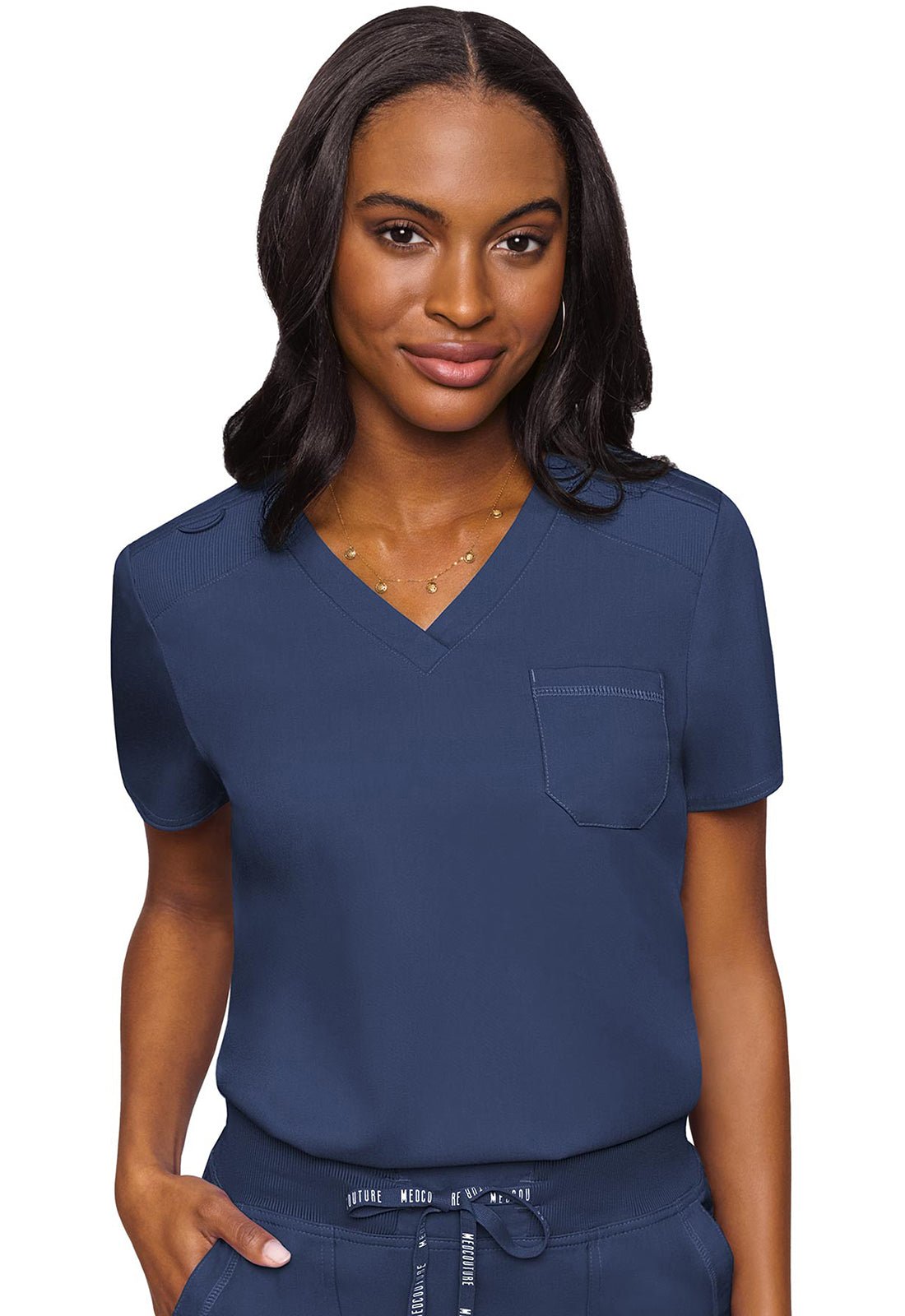 Med Couture Touch V Neck Scrub Top MC7448 in Black, Caribbean, Ciel, Navy, Pewter, Royal, Wine - Scrubs Select