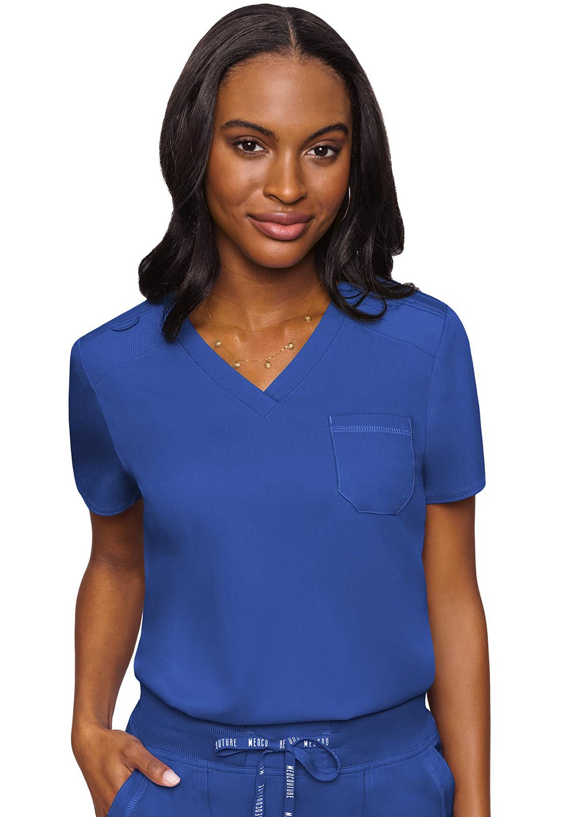 Med Couture Touch V Neck Scrub Top MC7448 in Black, Caribbean, Ciel, Navy, Pewter, Royal, Wine - Scrubs Select