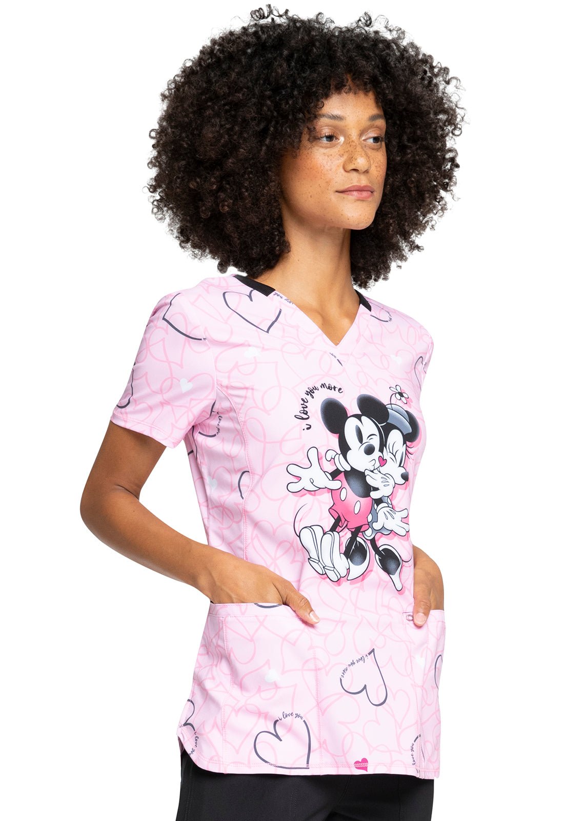 Mickey Minnie Mouse Cherokee Infinity Disney Valentines Print V Neck Scrub Top CK714 MKVM - Scrubs Select