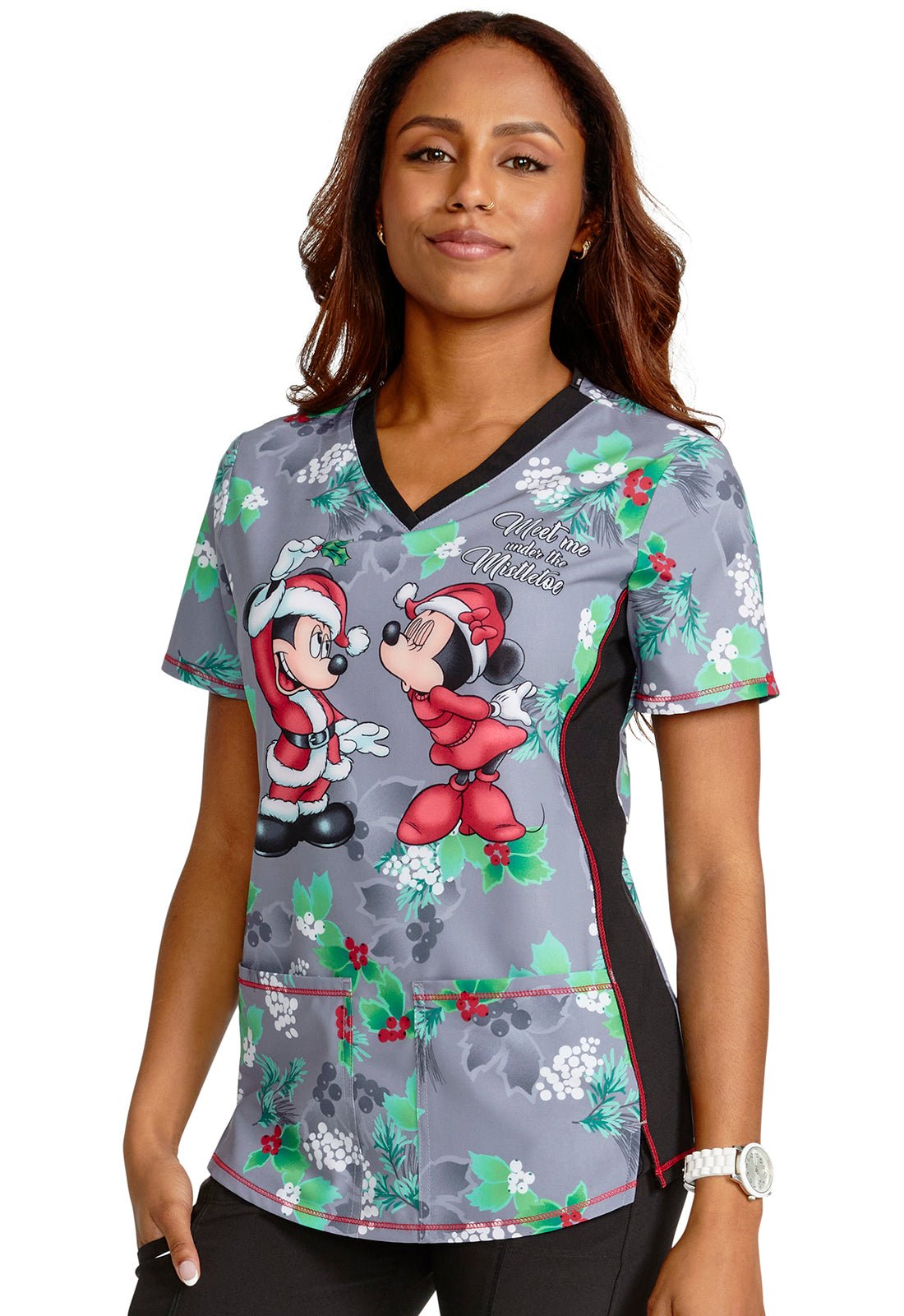 Mickey Minnie Mouse Cherokee Tooniforms Disney Christmas V Neck Top TF Scrubs Select