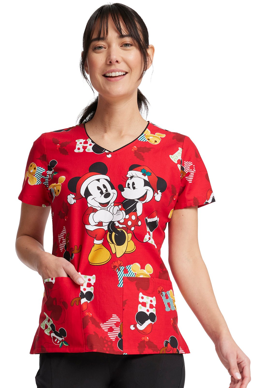 Mickey Minnie Mouse Christmas Tooniforms Disney V Neck Scrub Top TF614 MKKH - Scrubs Select