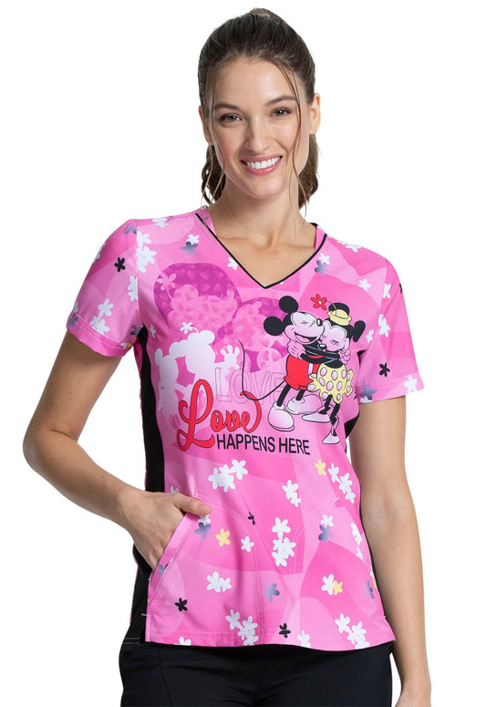 Mickey & Minnie Mouse Tooniforms Licensed Disney Valentines V Neck Scrub Top TF747 MKLH - Scrubs Select