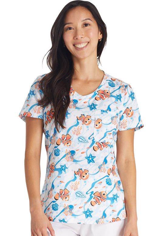 Nemo Cherokee Tooniforms Disney Rounded V Neck Scrub Top TF786 FNCO - Scrubs Select