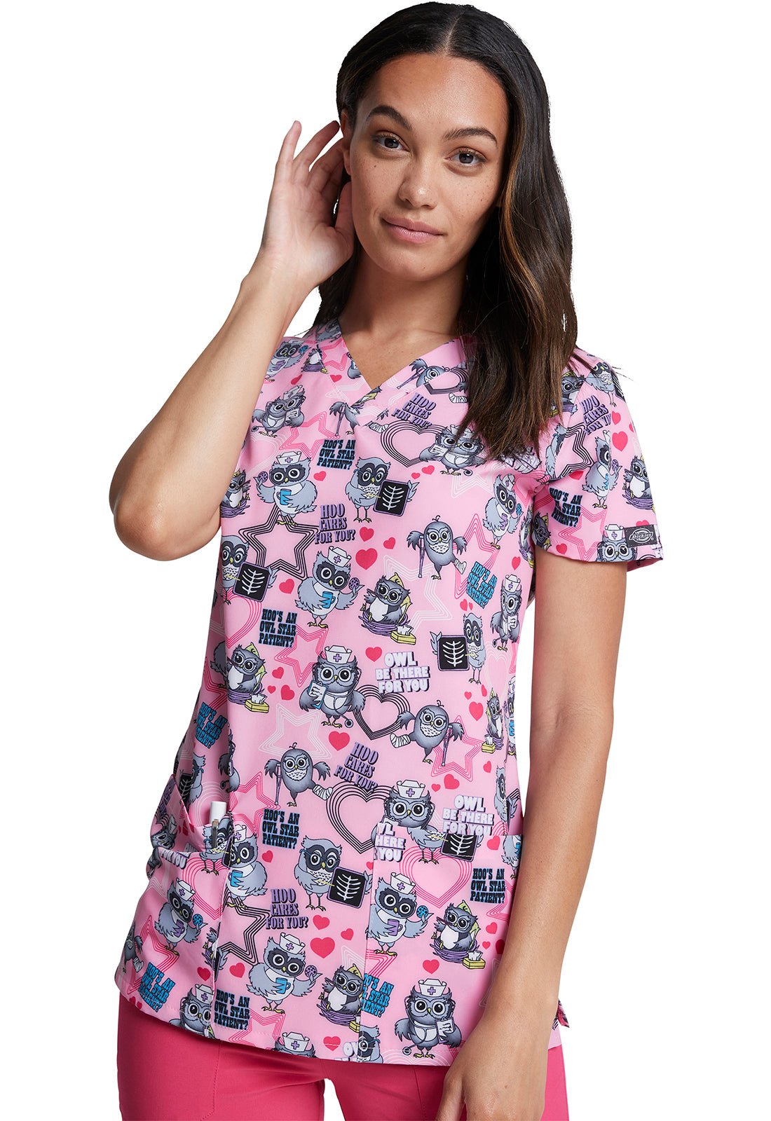 Owl Nurse Dickies EDS Print V Neck Scrub Top DK717 HOCU - Scrubs Select
