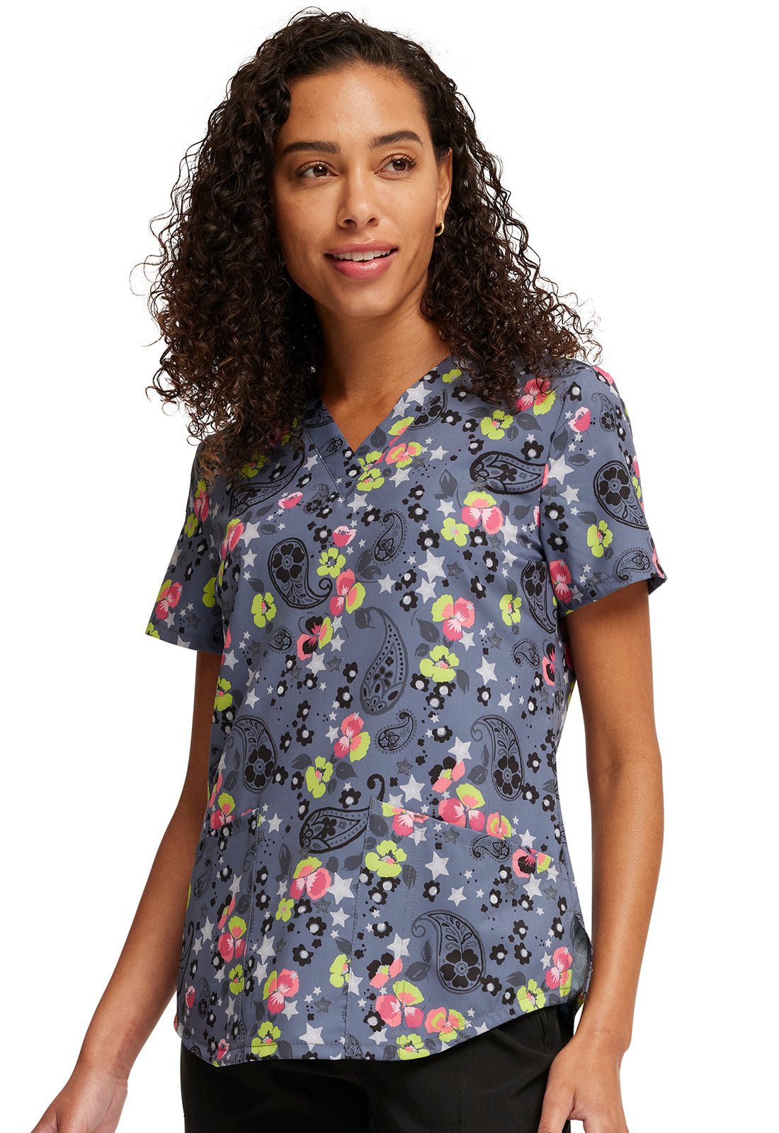 Paisley Petals Cherokee Print V Neck Scrub Top CK662 PLYT - Scrubs Select