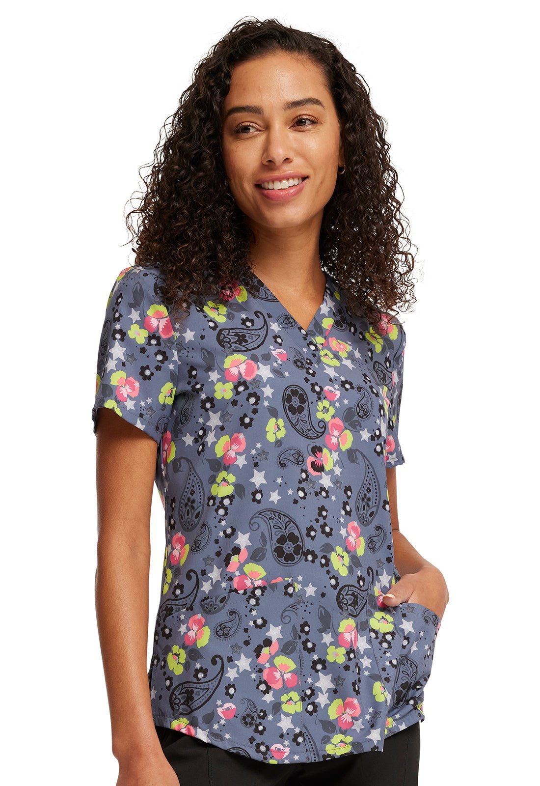 Paisley Petals Cherokee Print V Neck Scrub Top CK662 PLYT - Scrubs Select