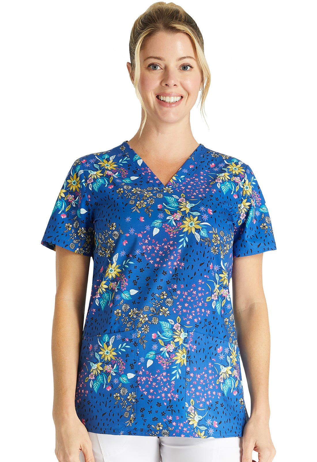 Patchwork Pop Cherokee Floral Print V Neck Scrub Top CK671 PWKP - Scrubs Select