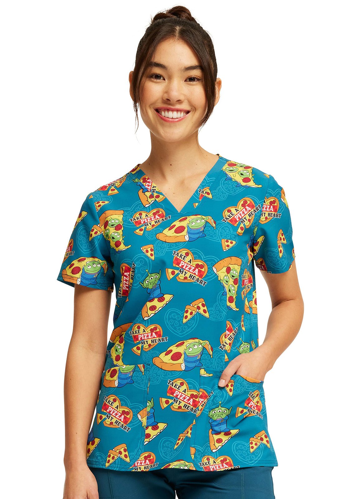 Pizza My Heart Alien Tooniforms Licensed Disney Toy Story V Neck Scrub Top TF738 TSZZ - Scrubs Select