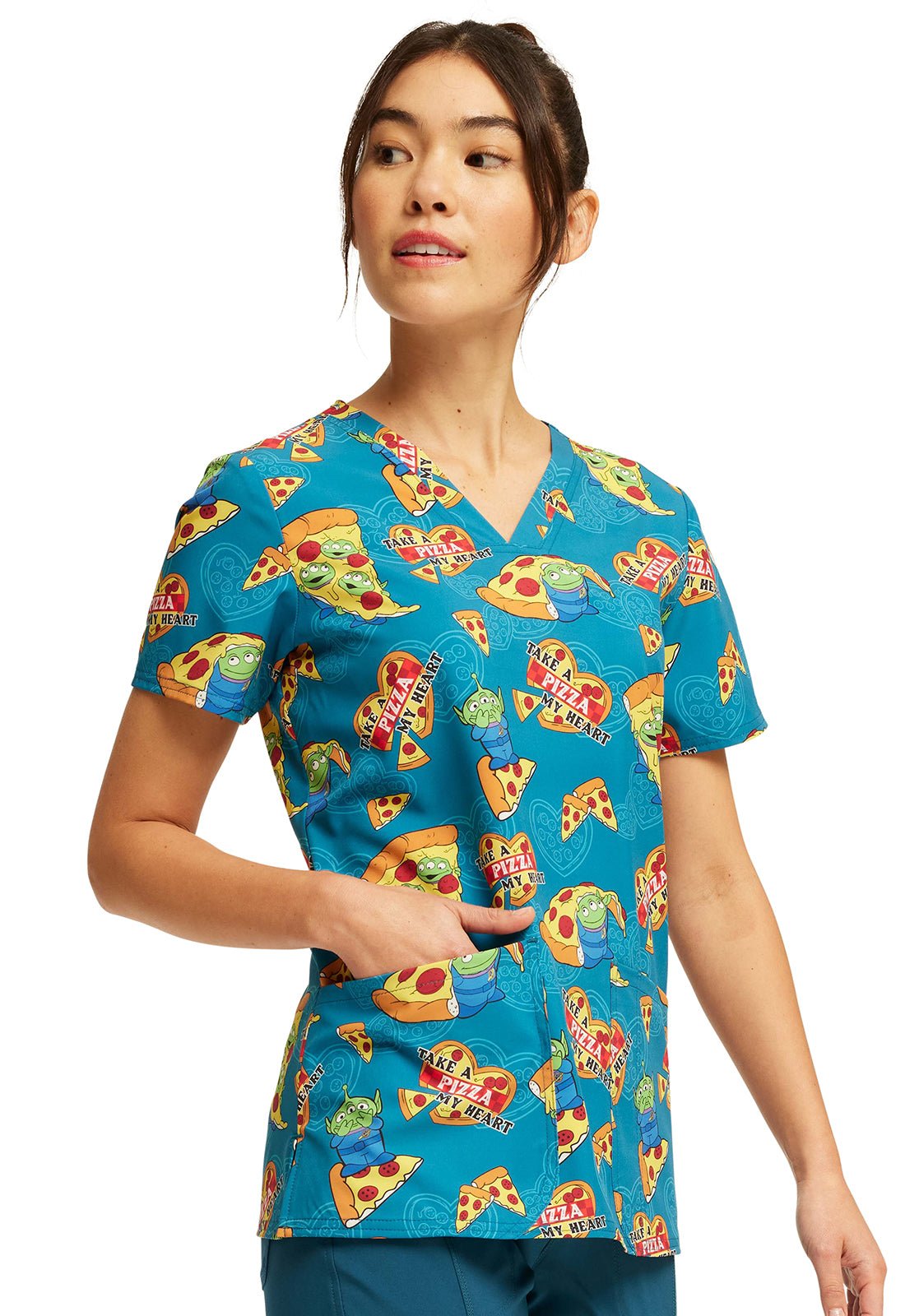 Pizza My Heart Alien Tooniforms Licensed Disney Toy Story V Neck Scrub Top TF738 TSZZ - Scrubs Select