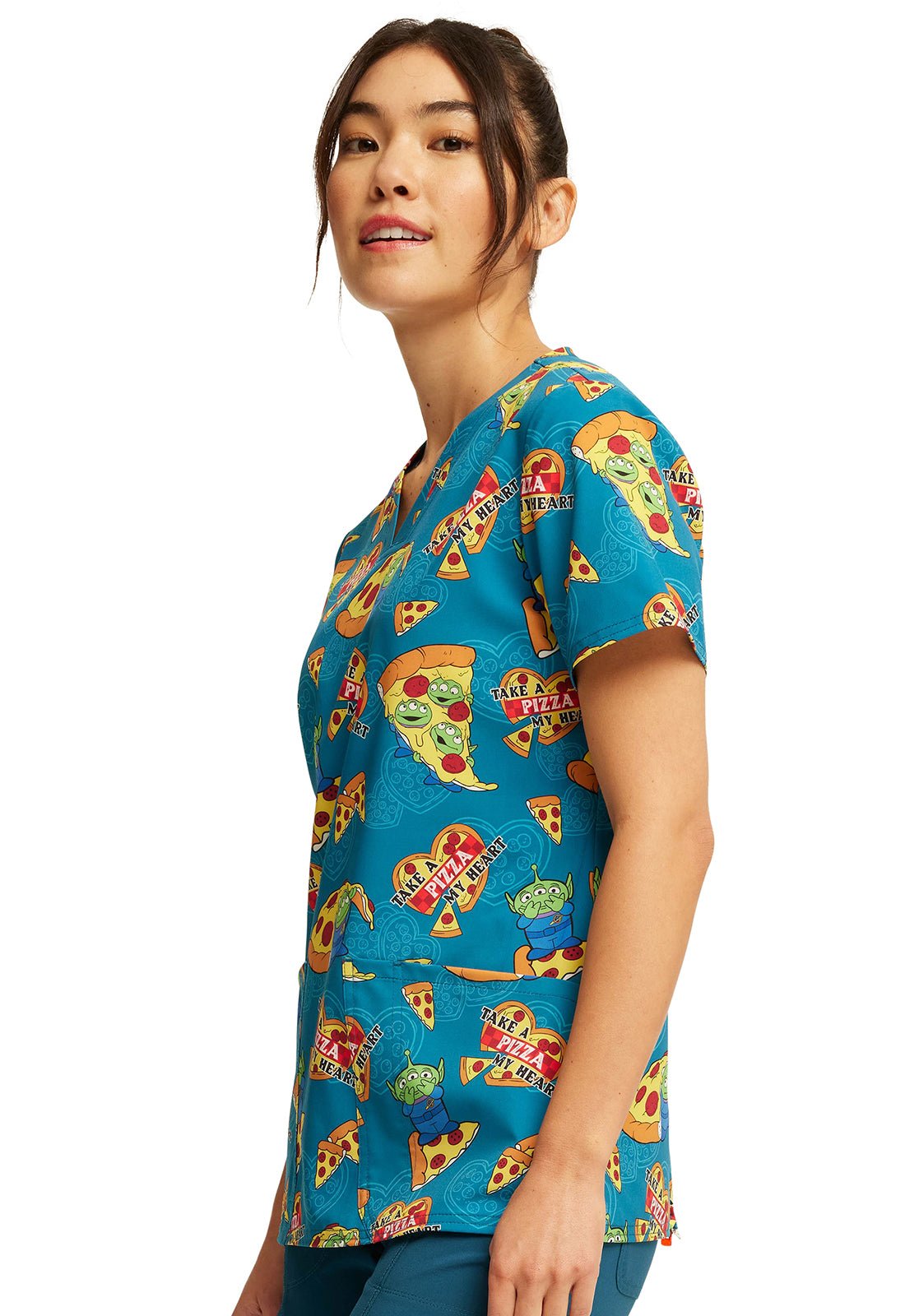 Pizza My Heart Alien Tooniforms Licensed Disney Toy Story V Neck Scrub Top TF738 TSZZ - Scrubs Select