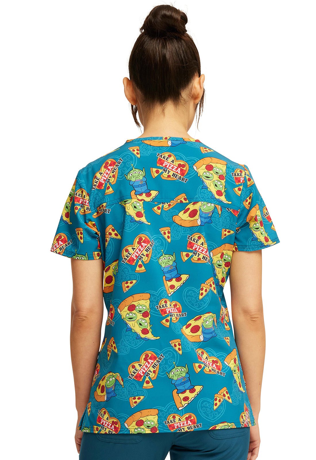 Pizza My Heart Alien Tooniforms Licensed Disney Toy Story V Neck Scrub Top TF738 TSZZ - Scrubs Select