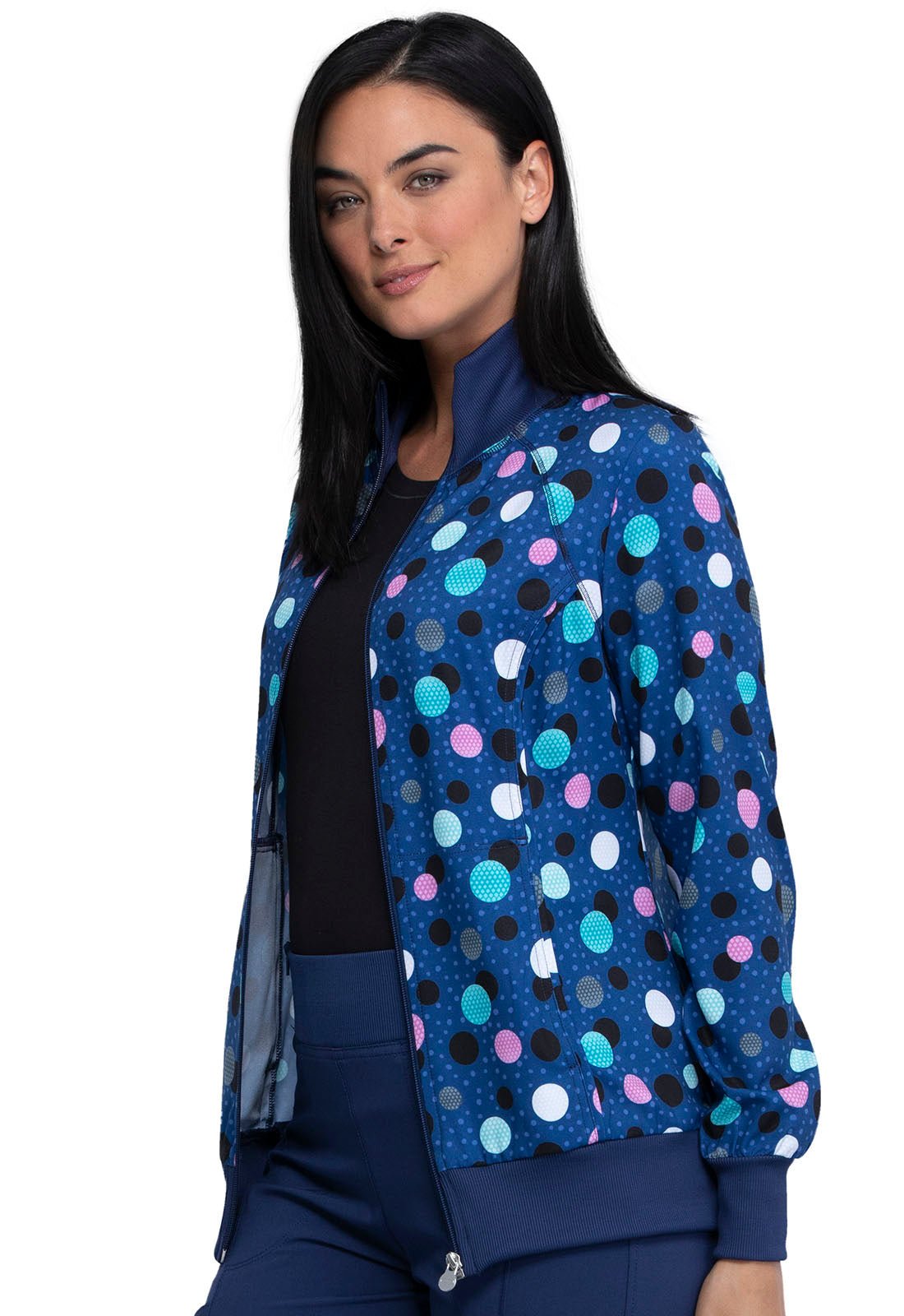 Polka Dots Print Zip Front Scrub Jacket CK372 PKNV - Scrubs Select