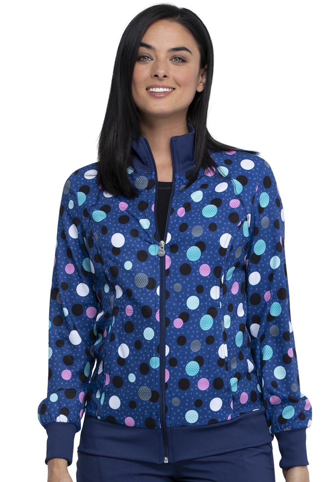 Polka Dots Print Zip Front Scrub Jacket CK372 PKNV - Scrubs Select