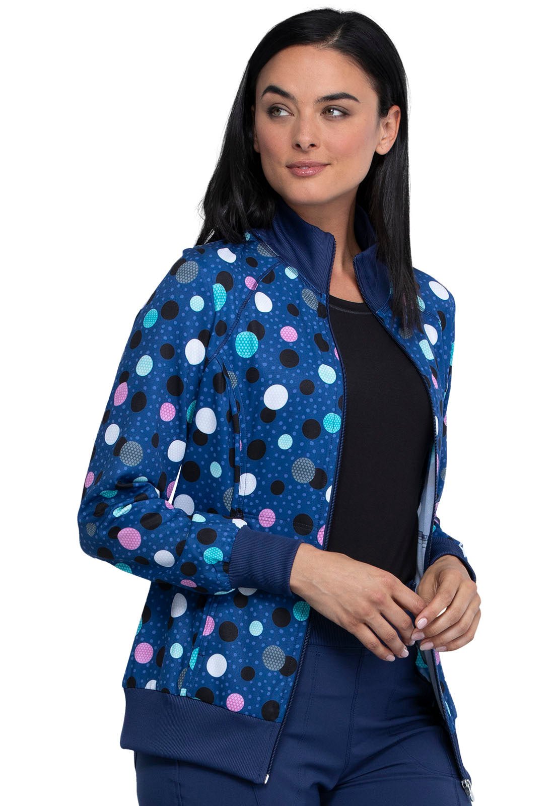 Polka Dots Print Zip Front Scrub Jacket CK372 PKNV - Scrubs Select