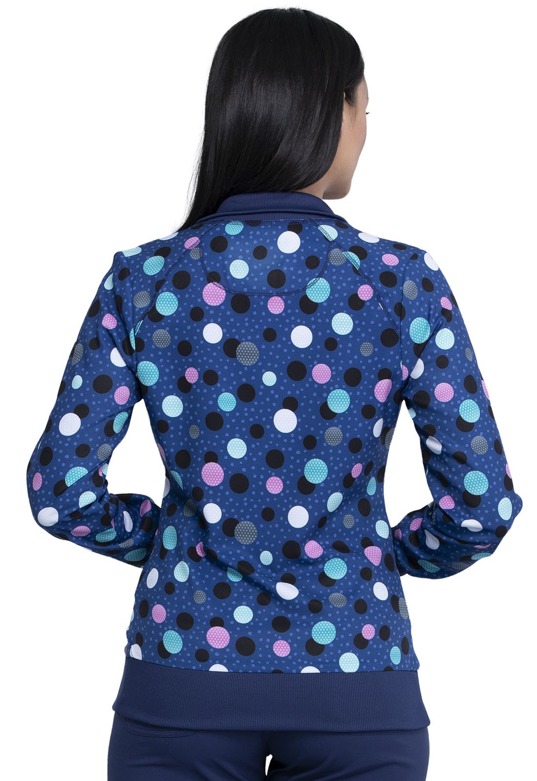 Polka Dots Print Zip Front Scrub Jacket CK372 PKNV - Scrubs Select