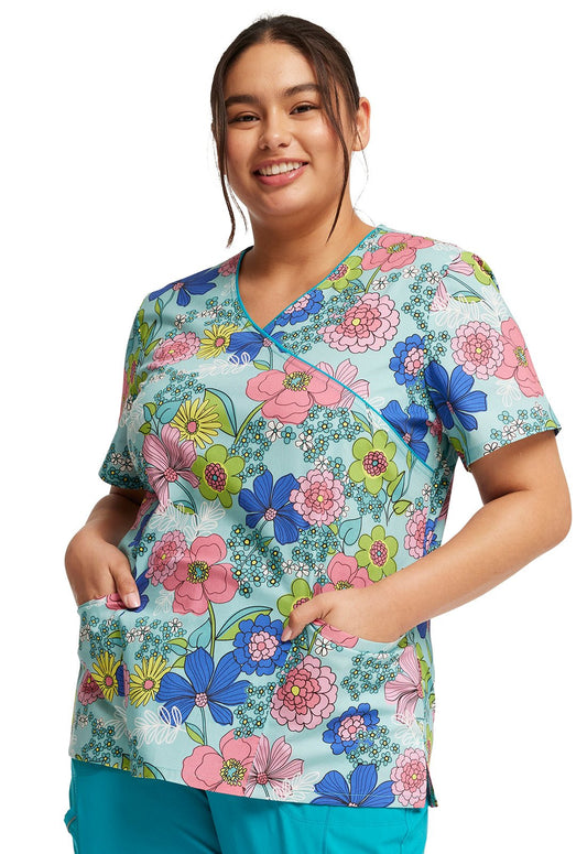 Retro Buds Cherokee Print Print Mock Wrap Scrub Top CK614 RTBD - Scrubs Select