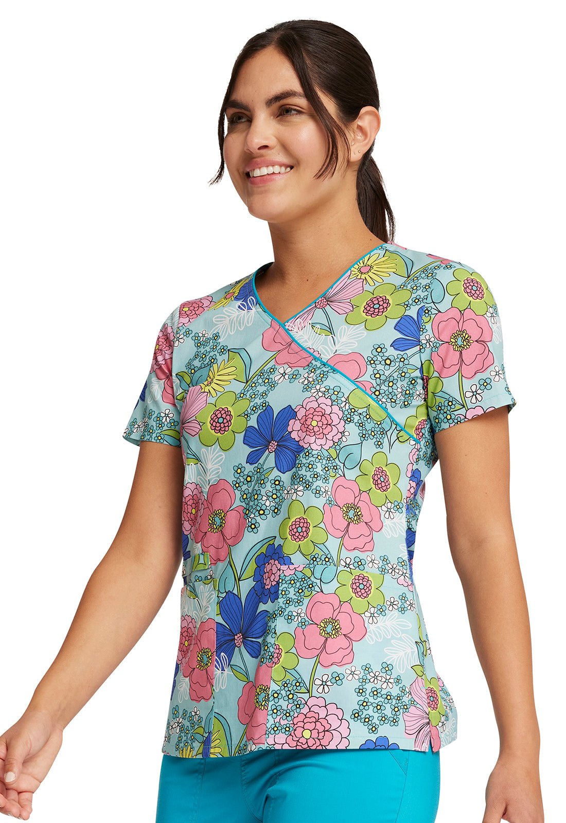 Retro Buds Cherokee Print Print Mock Wrap Scrub Top CK614 RTBD - Scrubs Select