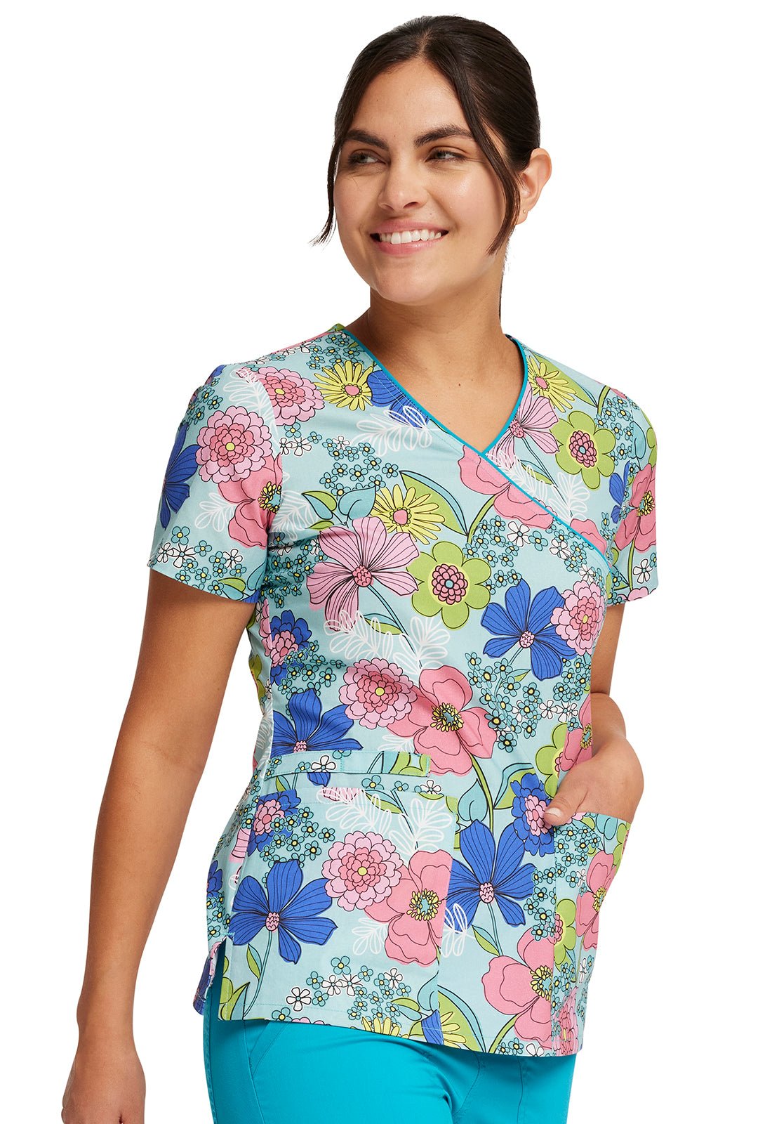 Retro Buds Cherokee Print Print Mock Wrap Scrub Top CK614 RTBD - Scrubs Select