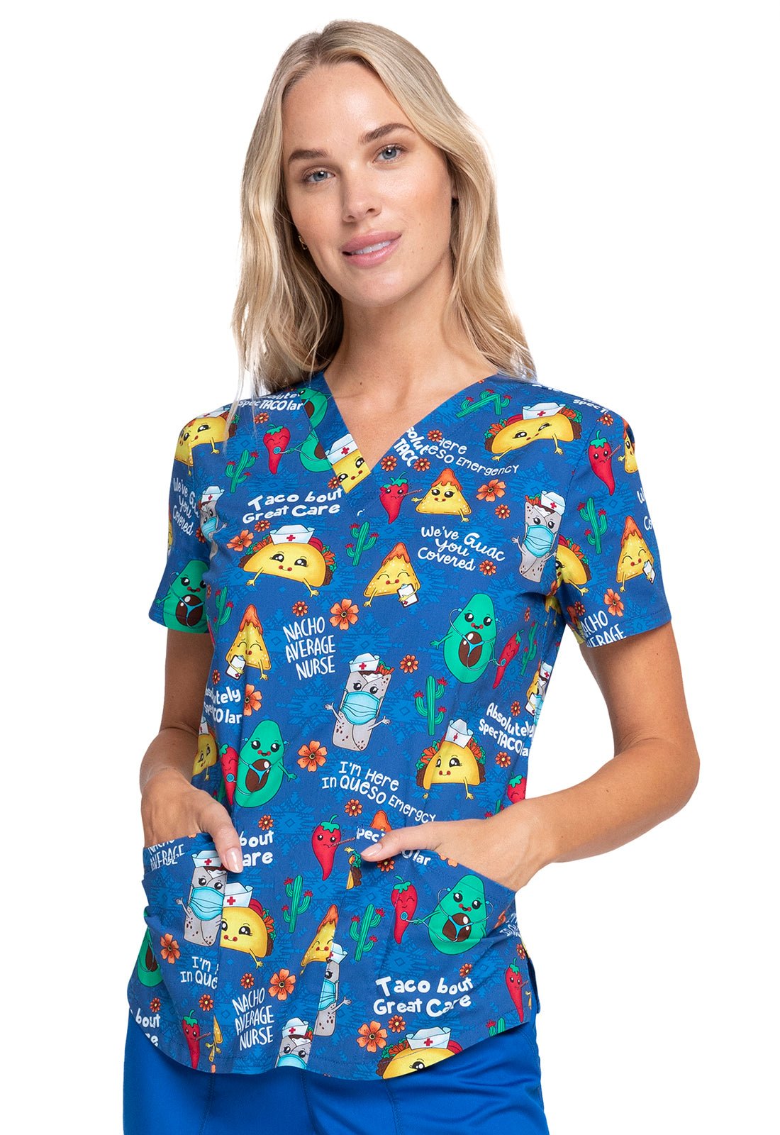 Taco Cherokee Nurse Print V Neck Scrub Top CK652 NANS - Scrubs Select