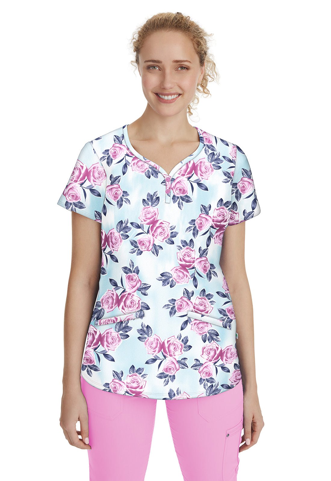 Taffy Pink Healing Hands Isabel Curved Y Neck Scrub Top 2218SOR TFYPK - Scrubs Select