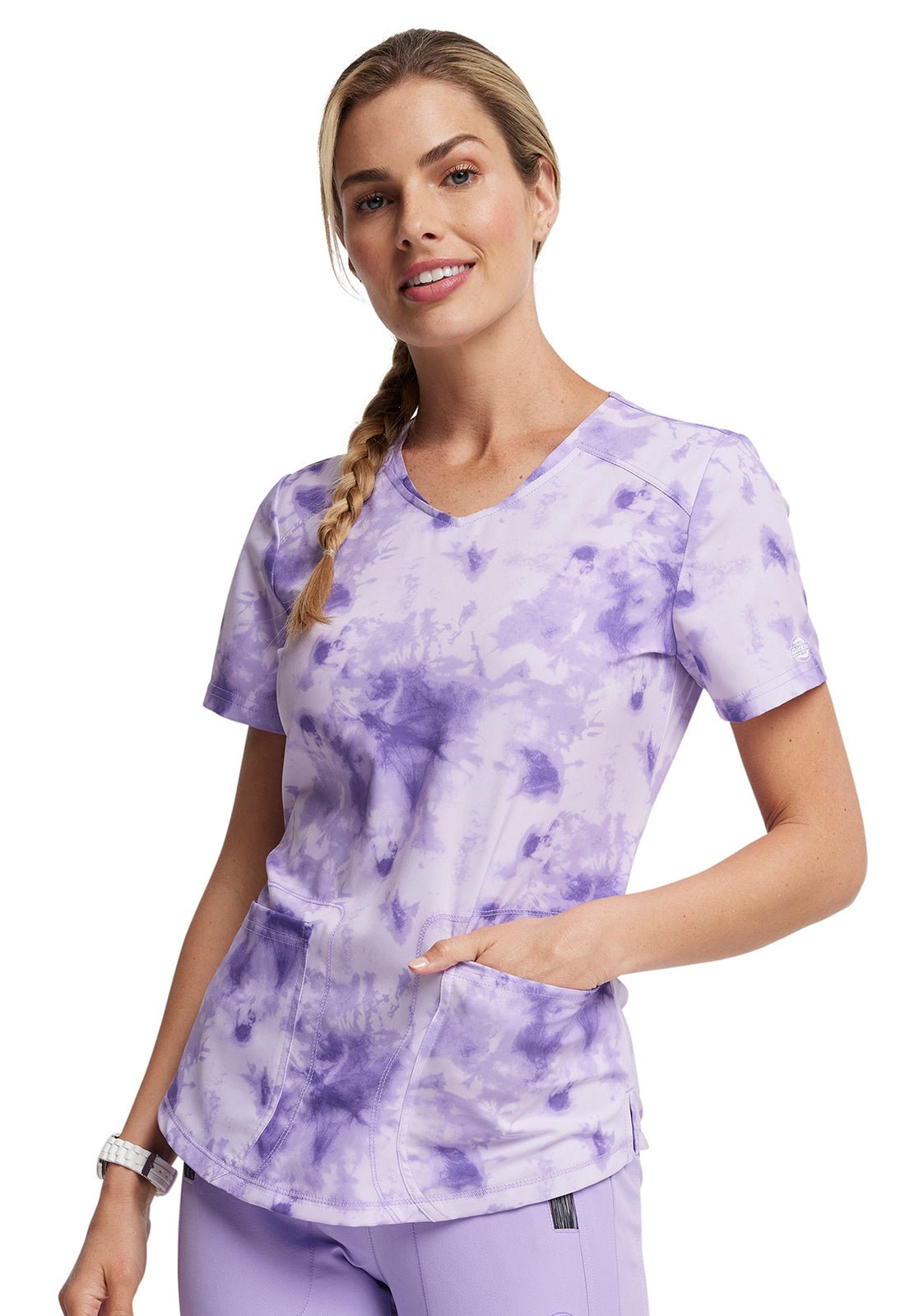 Tonal Tie Dye Lavender Dickies Dynamix Print V Neck Scrub Top DK623 TTDL - Scrubs Select