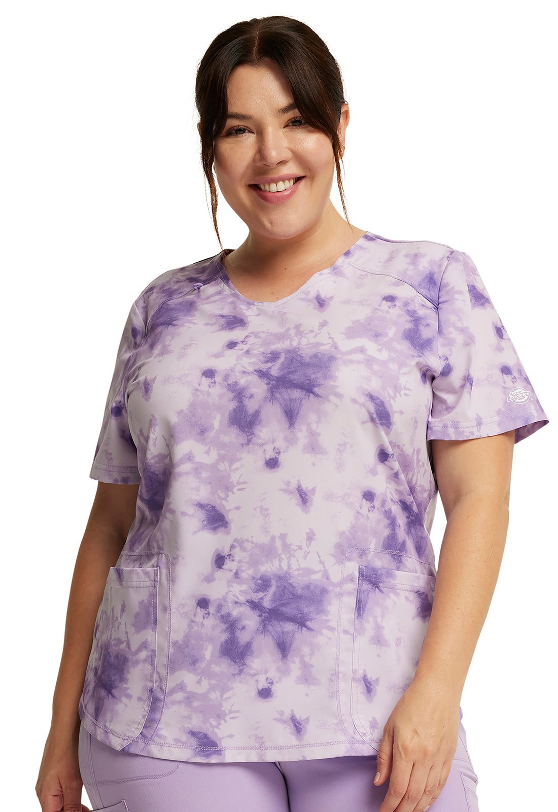 Tonal Tie Dye Lavender Dickies Dynamix Print V Neck Scrub Top DK623 TTDL - Scrubs Select