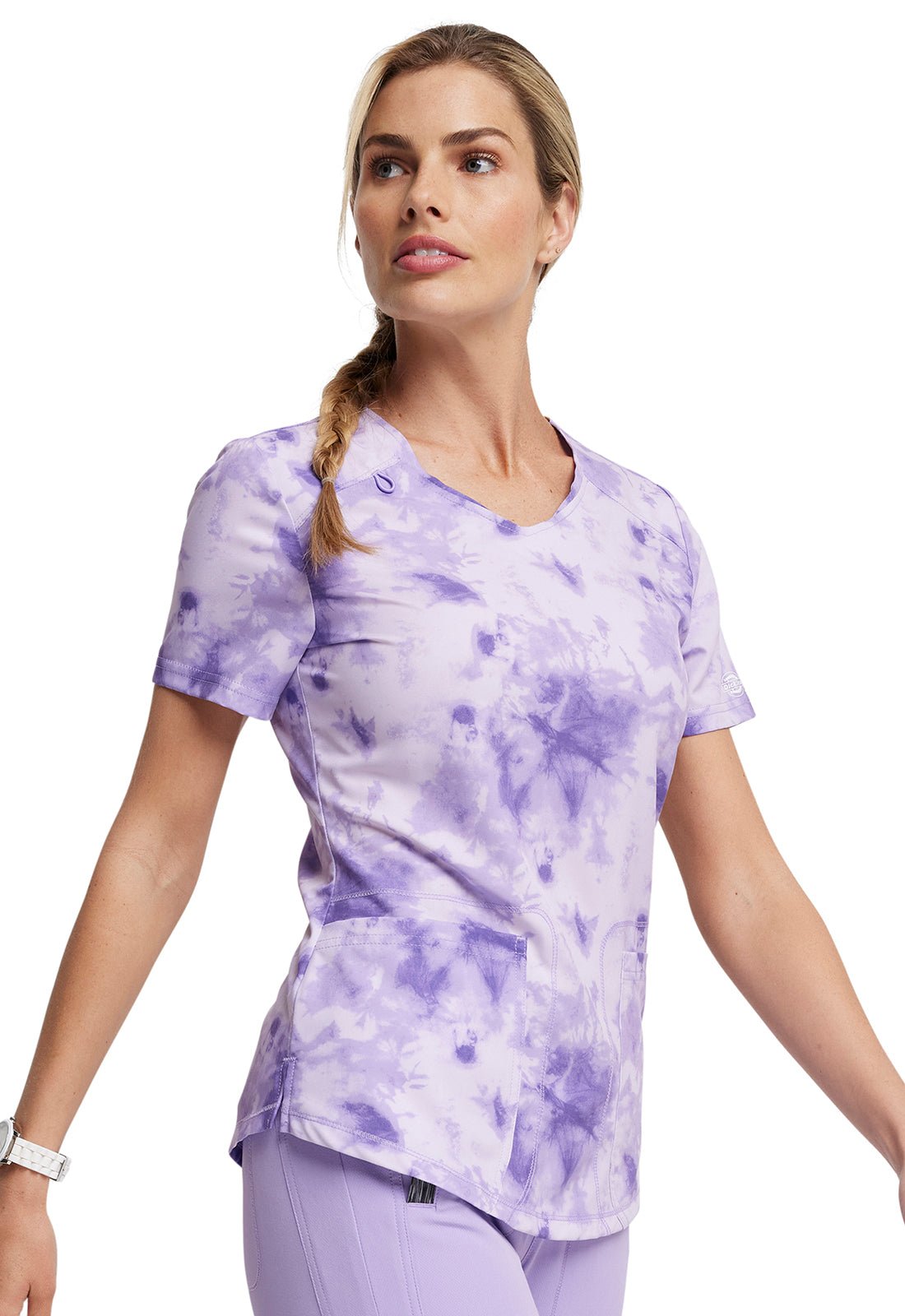 Tonal Tie Dye Lavender Dickies Dynamix Print V Neck Scrub Top DK623 TTDL - Scrubs Select