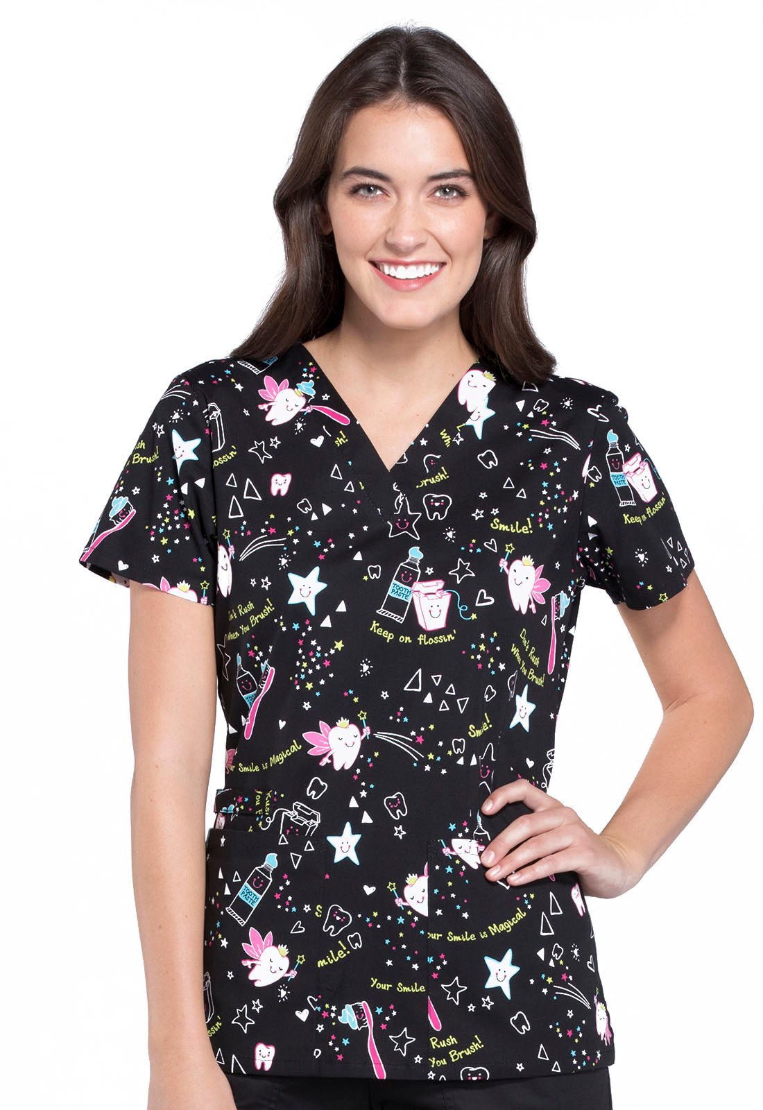 Tooth Fairy Magic Cherokee Dental Print V Neck Scrub Top CK616 TOFR - Scrubs Select