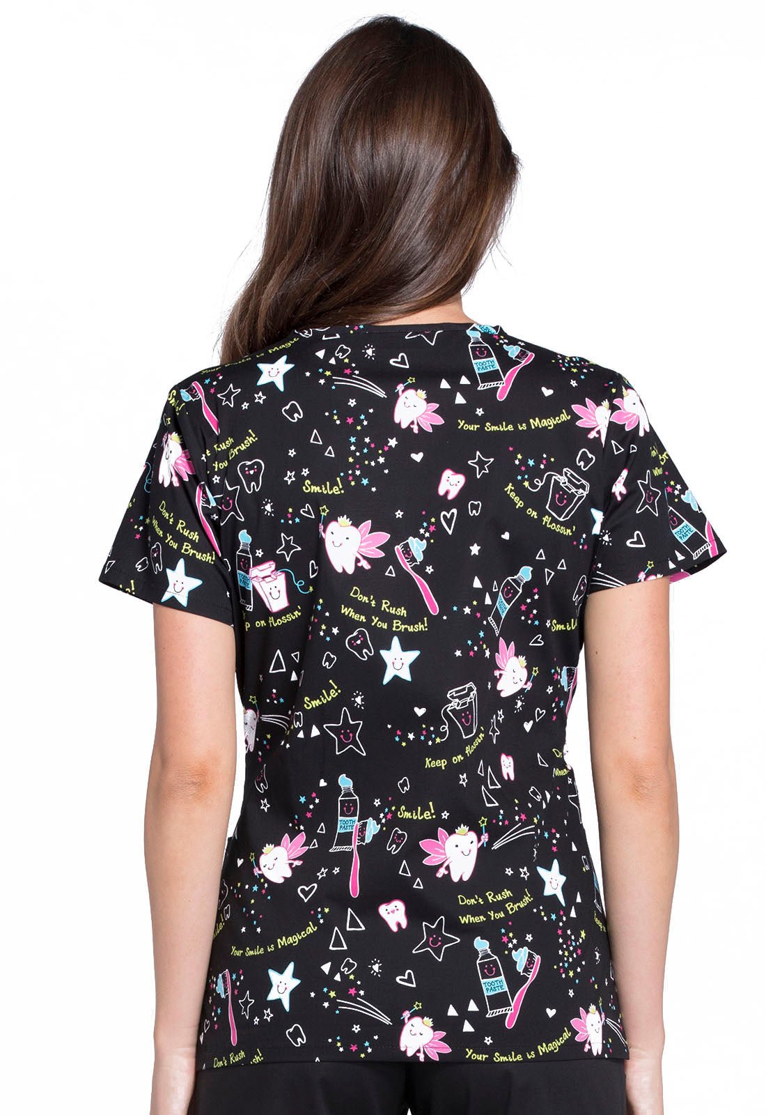 Tooth Fairy Magic Cherokee Dental Print V Neck Scrub Top CK616 TOFR - Scrubs Select