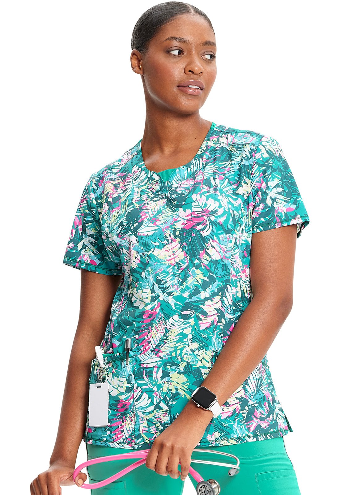 Tropic Texture Cherokee Floral Print Round Neck Scrub Top CK609 TCTU - Scrubs Select