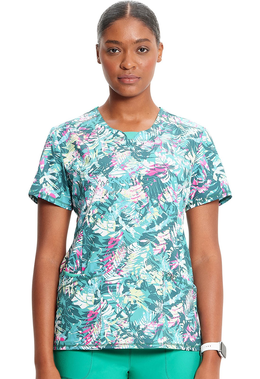 Tropic Texture Cherokee Floral Print Round Neck Scrub Top CK609 TCTU - Scrubs Select