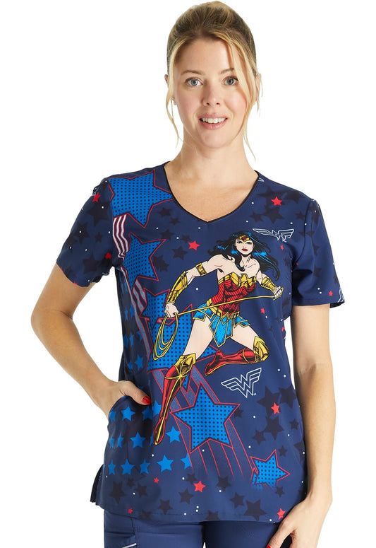 Wonderful Women Cherokee Tooniforms DC Comics V Neck Scrub Top TF626 DMDT - Scrubs Select